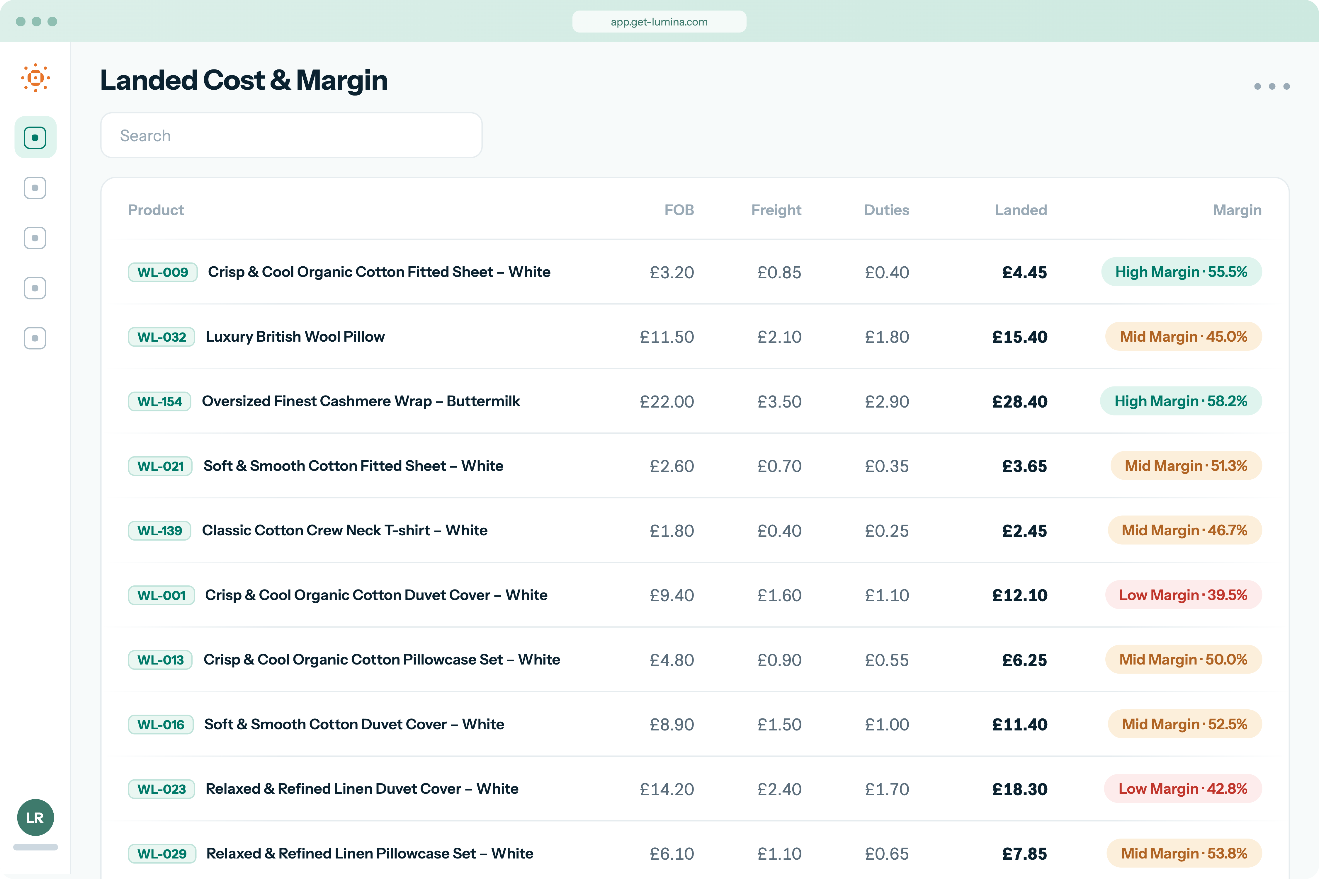 Lumina landed cost breakdown showing freight, duties, and margin