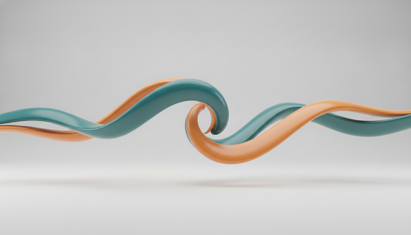 Abstract teal and orange ribbon flowing through space — representing cost, margin, and cashflow in balance