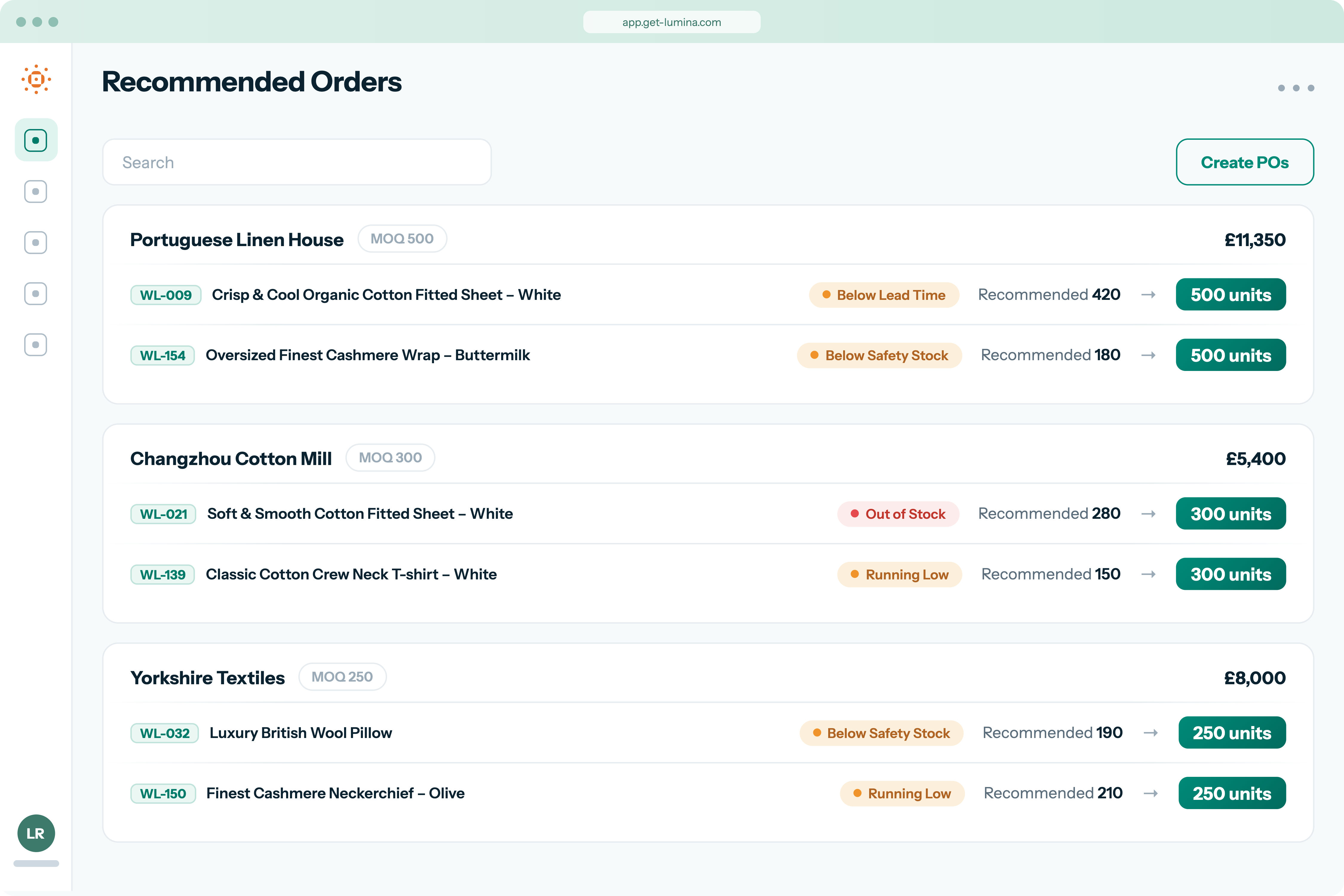 Lumina turning recommended quantities into a purchase order